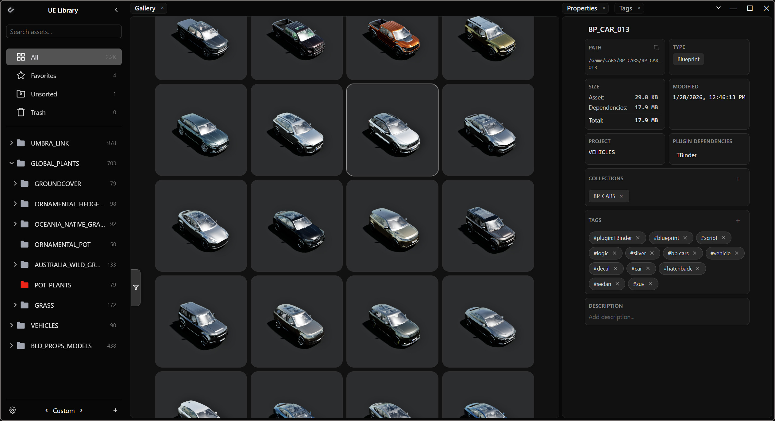 Asset properties in Uiture Link — size, polycount, and dimensions